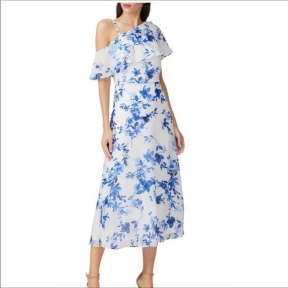 Ralph Lauren Adaleide Floral One Shoulder Midi Dress Cold White Blue Ruffle 12 - Picture 1 of 8